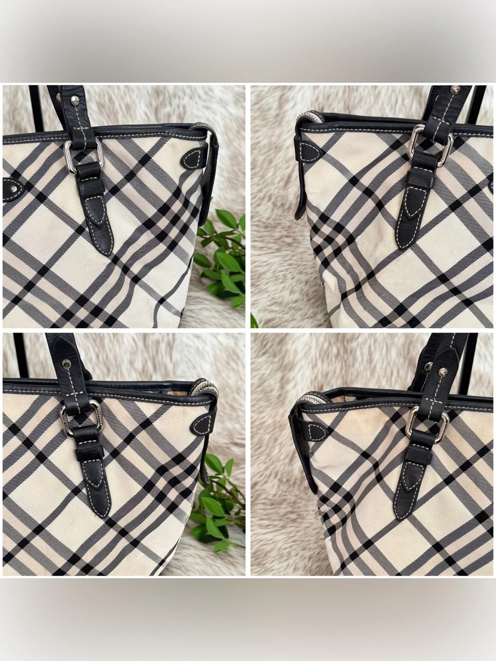 Vintage Burberry London Blue Label Black & Cream Check Shoulder Tote Bag